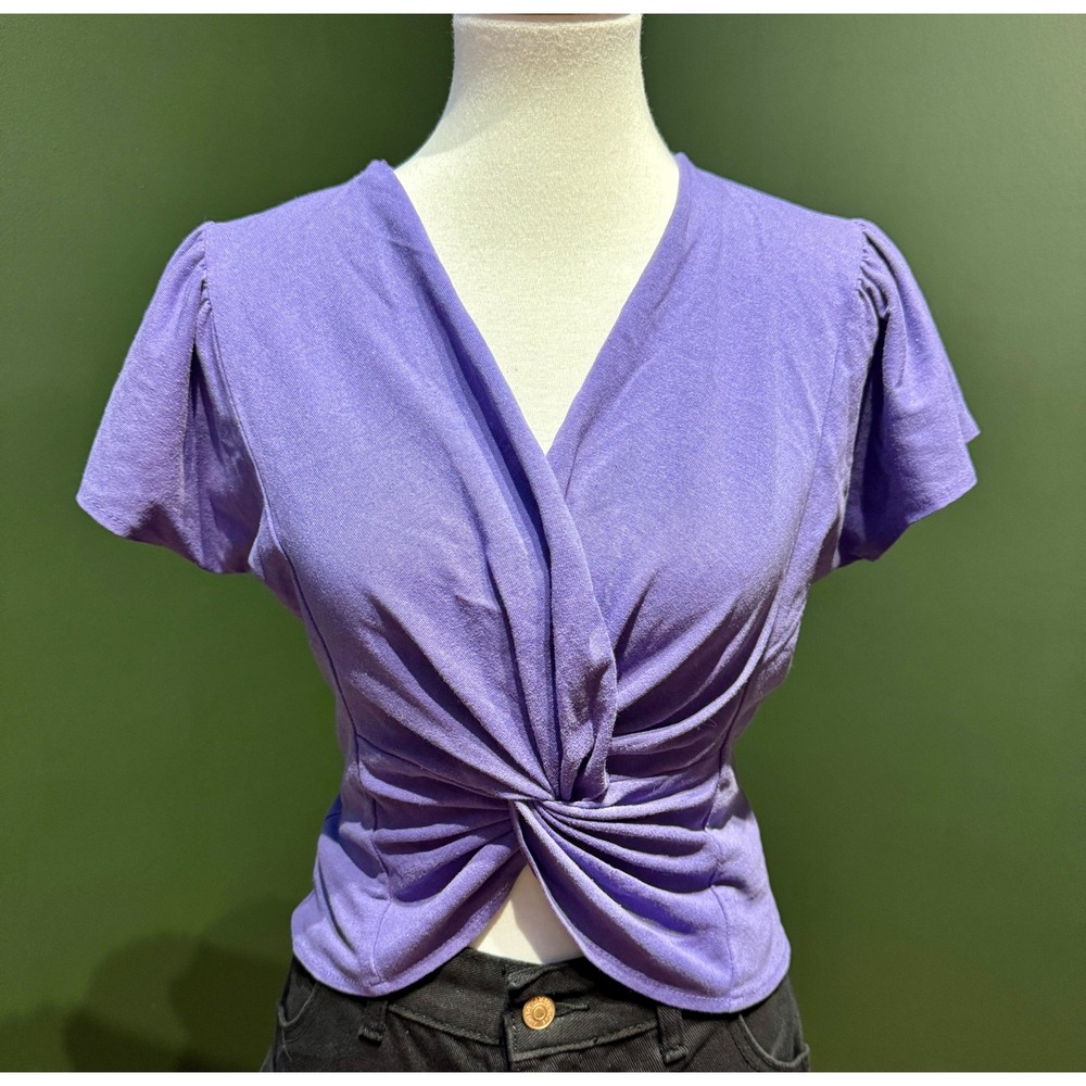 Vintage‎ 2XS Purple Short Sleeve Twist Front V-Neck Top Women's S/M Made in USA